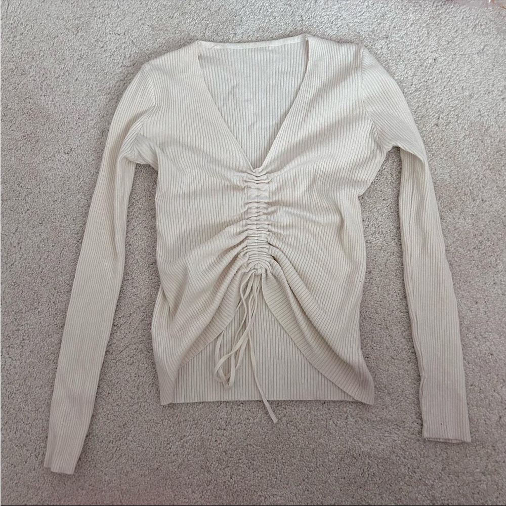 cinched v neck sweater knit top